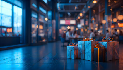 Stylish Patterned Gift Boxes Placed on the Floor of a Modern Restaurant or Social Venue with Blurred People and Evening Lights valentine day