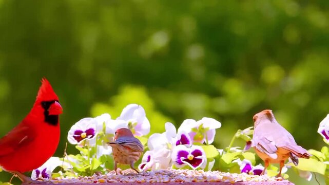 Vibrant cardinal and finches feeding at colorful flower filled bird feeder
