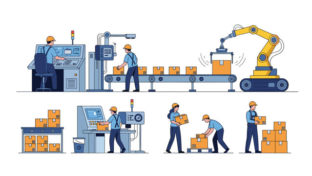Set of illustrations showing factory workers on a production line with conveyor belts, robotic arms, and manual packaging processes.