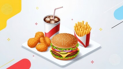 Modern isometric perspective fast food burger and fried chicken marketing background