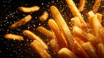 Close-up of golden french fries mid-air, salted, with a dark background. The scene emphasizes texture and deliciousness