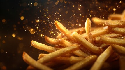 Close-up of golden, crispy, salted fried potato sticks, with sparkling specks against a dark, blurred background, creating a delicious visual