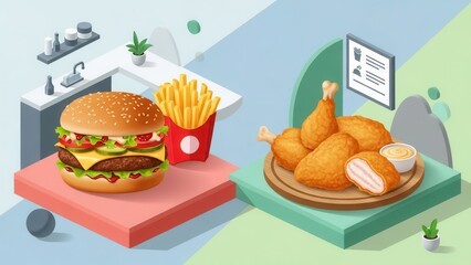 Modern isometric perspective fast food burger and fried chicken marketing background