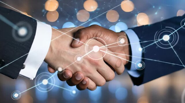 Diverse business partners shaking hands with digital network overlay, concept for global partnership, secure data transfer and fintech innovation