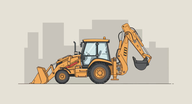 Yellow backhoe loader construction vehicle with city skyline in the background illustration.