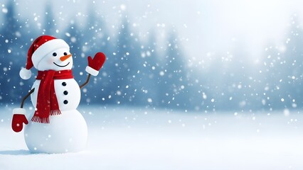 Fototapeta premium A cheerful snowman in a snowy forest wearing a santa hat