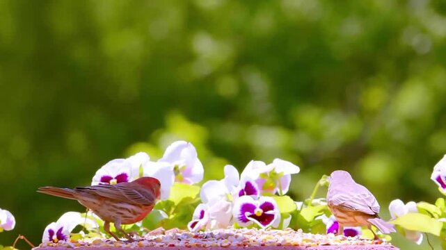 Two house finches eating seeds on a birdfeeder with flowers