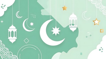 A clean and modern flat vector illustration featuring Islamic symbols such as lanterns (fanous), crescent moon, stars, and mosques in a soft green and gold color palette. Perfect for Ramadan Kareem an