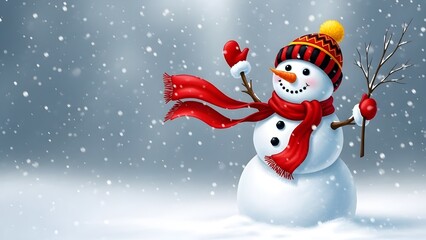 Fototapeta premium A cheerful snowman in a red scarf and hat on a snowy day