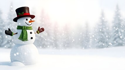 Obraz premium A cheerful snowman in a snowy landscape with trees