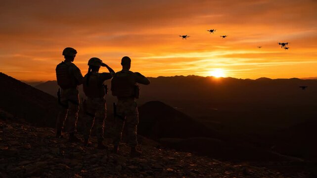 Three military personnel silhouettes observe surveillance drones flying above desert hills at a vibrant sunset, concept for military defense, homeland security and future warfare technology