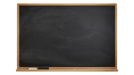 Blank blackboard in wooden frame with chalk and eraser in soft natural lighting for education