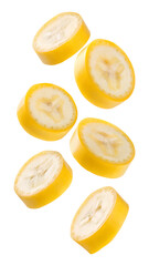 Obraz premium Falling banana slice isolated on white background,