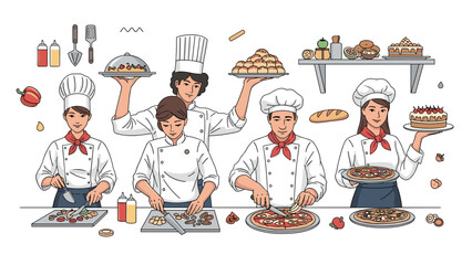 Diverse team of professional chefs in uniform cooking and preparing various dishes, including pizza and desserts.