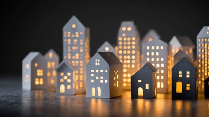 A charming miniature townscape made of small paper or wooden houses with illuminated windows, creating a cozy and warm glow in the dark.