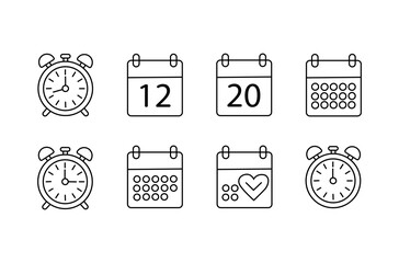 Time, calendar icon set. Hand drawn doodle sketch line style business time management, project deadline concept. Alarm clock, calendar, stopwatch cute elements.