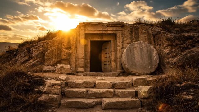 Ancient open stone tomb carved into a hillside at dramatic sunset with the rolling burial stone moved, concept for religious holidays, resurrection imagery and church communication