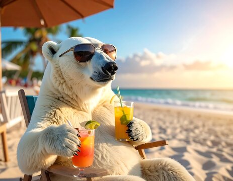 Polar bear relaxing on tropical beach with drinks and sunglasses - Powered by Adobe