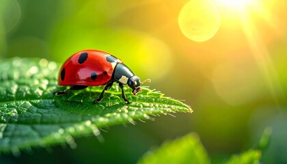 Close-up macro shot of a ladybug perched on a vibrant green leaf with morning sunlight glistening on its shell