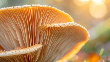 Fototapeta premium Intricate mushroom gills bathed in the soft, golden light of dawn, capturing the serene beauty and delicate structure of nature's hidden wonders on the forest floor