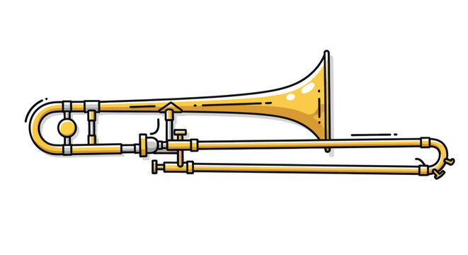 A detailed illustration of a gleaming brass trombone musical instrument.