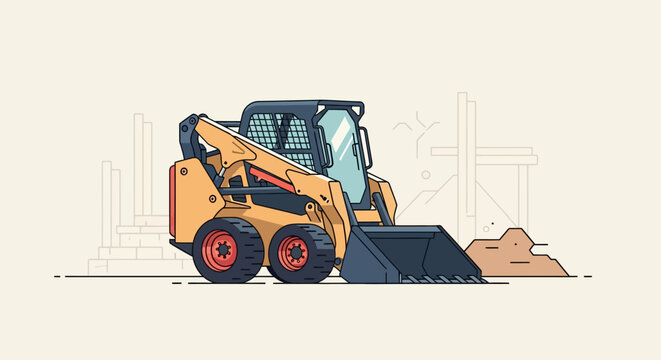 A yellow skid-steer loader with a front bucket working on a construction site, moving a pile of dirt under a clear sky.