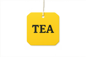 Yellow tea bag tag with text tea