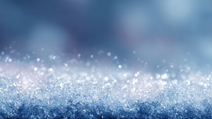 Close-up of sparkling ice crystals and snow with a soft blue bokeh background