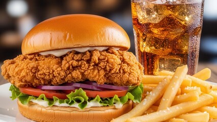 Close up perspective of crispy fried chicken burger combo emphasizing golden texture for restaurant advertising