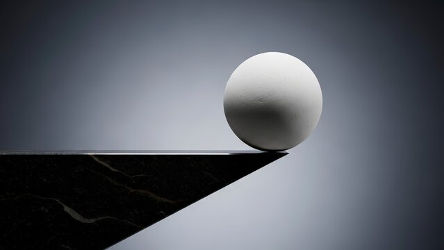 White Sphere Balancing Precariously on a Sharp Edge Against a Gradient Background.