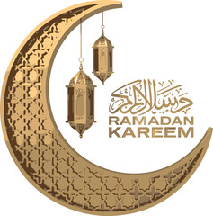 Crescent moon with lanterns and Arabic calligraphy for Ramadan Kareem