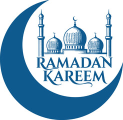 Blue crescent moon and mosque with Ramadan Kareem text