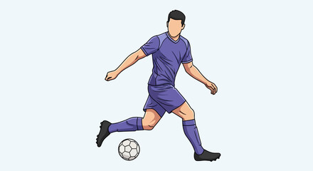Obraz premium Illustration of a male soccer player in a purple uniform kicking a white and black soccer ball on a plain background.