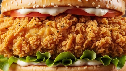 Macro perspective highlighting crunchy texture of fried chicken burger for fast food marketing visuals
