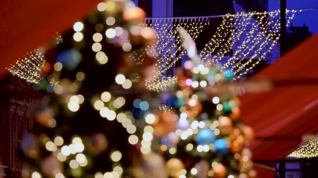Mayfair Christmas Lights, Illuminated Festive Holiday Tree Baubles, Decorations, Night, South Audley Street, Central London, United Kingdom