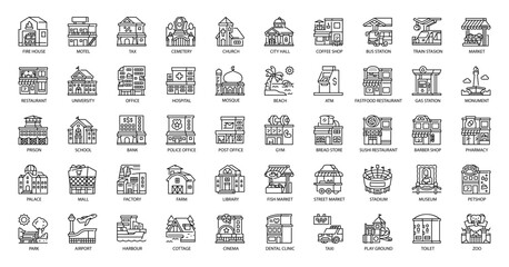 Urban City Buildings and Public Places Line Icon Pack