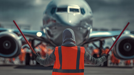 Airport ground worker guiding airplane with signaling wands.