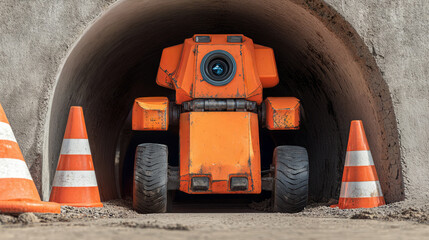 Orange robot with wheels inside tunnel surrounded by traffic cones.