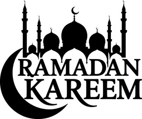 Ramadan Kareem text with mosque and crescent moon silhouette