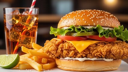 Close up perspective of crispy fried chicken burger combo emphasizing golden texture for restaurant advertising