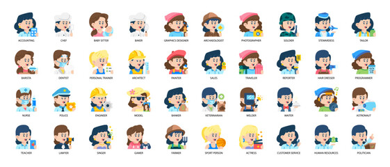 Female Job and Profession Flat Icon Pack