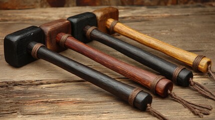 Several handcrafted wooden implements with dark handles and cord accents rest upon a rustic wooden surface.
