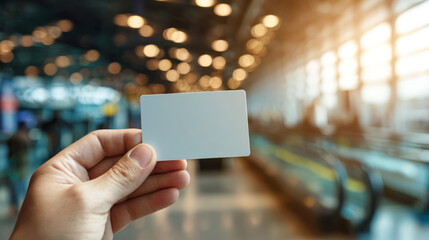 Person holding blank card in modern airport terminal.