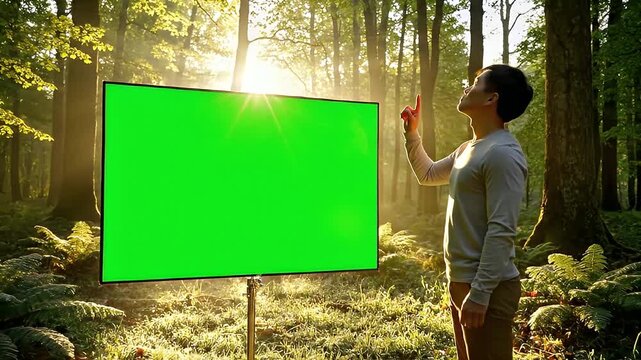 Man Standing Next to Green Screen Forest.