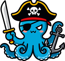Cute Blue Pirate Octopus with Sword and Anchor – Kawaii Chibi Character Flat Vector Illustration for Halloween and Adventure © Gian