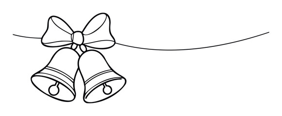 Simple single line drawing depicting two celebratory bells adorned with a decorative bow, ideal for festive greetings, announcement graphics, or special occasion themes.