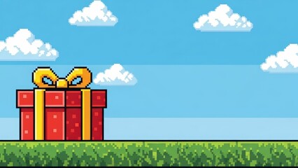 Pixel Art Gift Box on Grassy Field with Blue Sky and Clouds.
