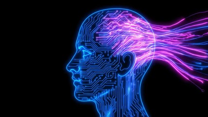 Glowing neon blue and magenta human head silhouette showing digital circuit paths on black background, concept for artificial intelligence presentation, deep learning systems and futuristic technology - Powered by Adobe