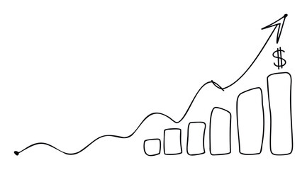 Hand drawn financial growth chart with increasing profits and business success depicted by an upward trending arrow and dollar symbol, ideal for economic progress and investment reports.
