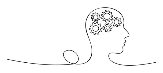 Human head profile continuous line drawing featuring internal interlocking gears symbolizing thought, intelligence, and problemsolving for business or educational presentations